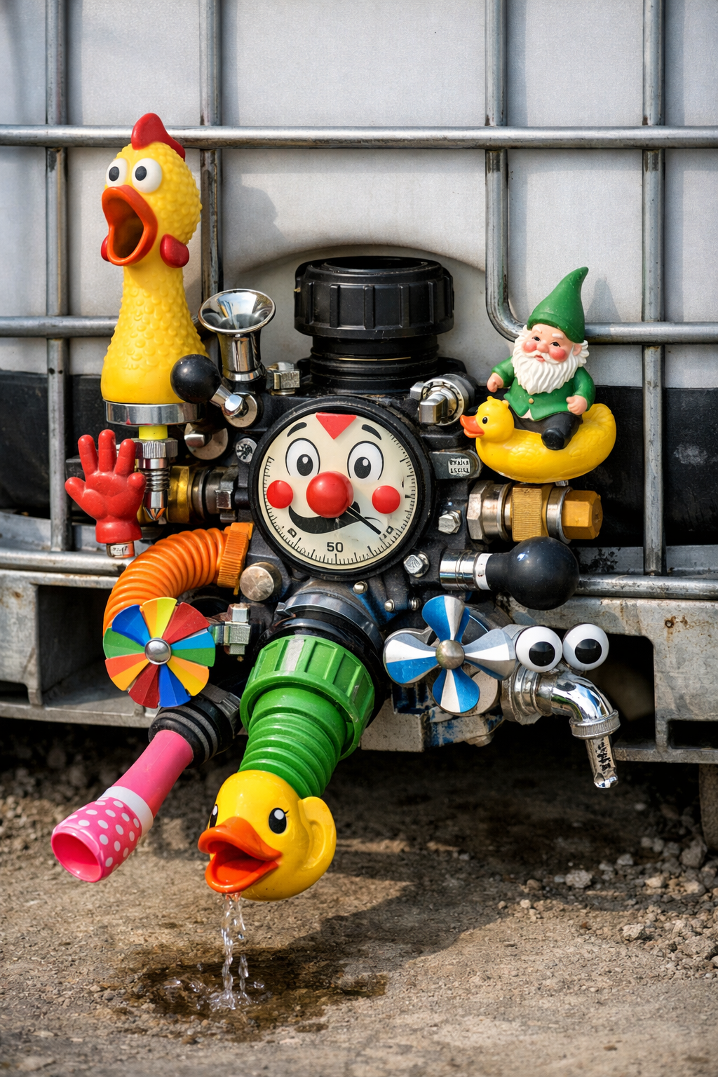 Humorous over-engineered IBC adaptor concept with novelty accessories