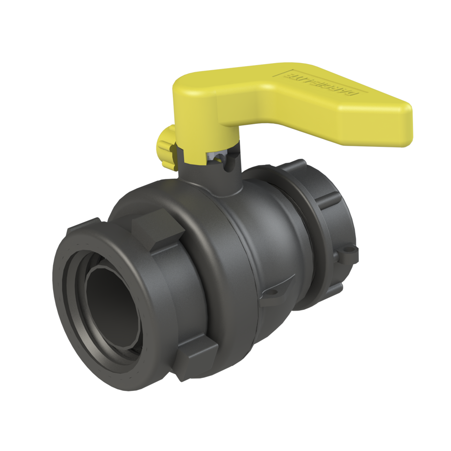 2'' 'DARCIE-LITE' IBC ball valve, S60X6 female buttress in-let x 2'' NPT male, C/W dust cap, BLACK,