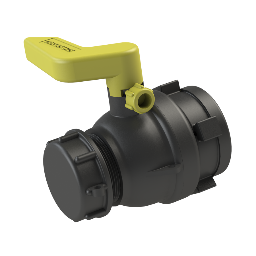 2'' 'DARCIE-LITE' IBC ball valve, S60X6 female buttress in-let x 2'' NPT male, C/W dust cap, BLACK,