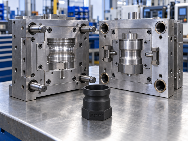 Illustration of an open steel injection mould tool with a CPP-branded black glass-filled polypropylene male Camlock adaptor