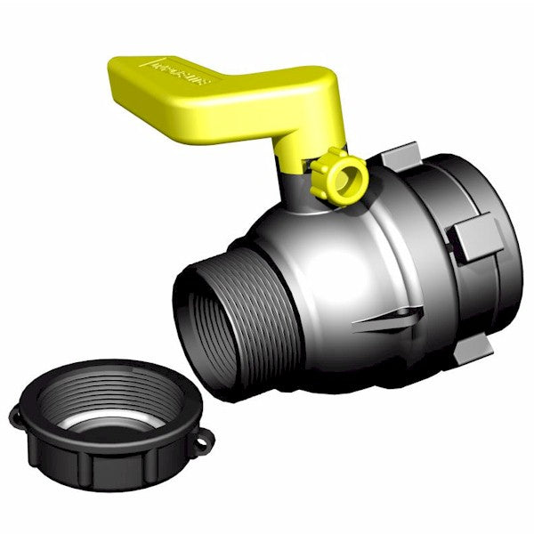 2'' 'DARCIE-LITE' IBC ball valve, S60X6 female buttress in-let x 2'' NPT male, C/W dust cap, BLACK,