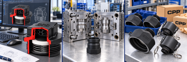 CPP bespoke manufacturing illustration: vent development with CAD, injection mould tooling and finished polymer fittings ready for packing.