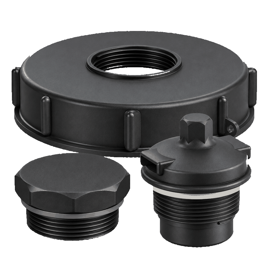 CPP black glass-filled polypropylene 150 mm IBC lid with open centre, separate DBMP20B027 blanking plug and HMVMN20MM027 pressure and vacuum relief vent in front
