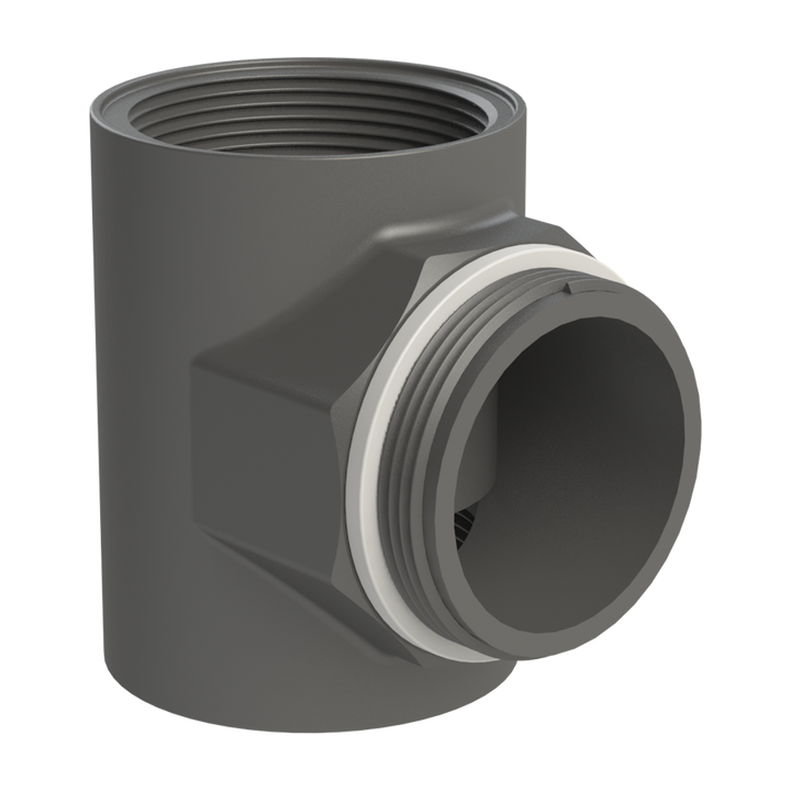 CPP® BCS G2 × 11.5 (2″ BSP/NPS) Drum Thread × 2″ Female Pipe Thread Tee in black glass-filled polypropylene – product view 1