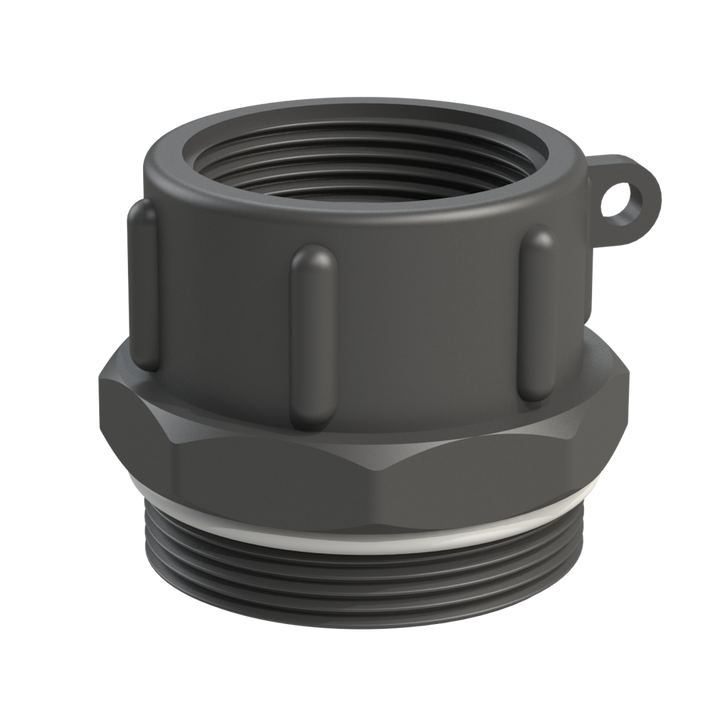 CPP® BCS G2 × 11.5 (2″ BSP/NPS) drum adaptor with 1½″ female threaded outlet in black glass-filled polypropylene