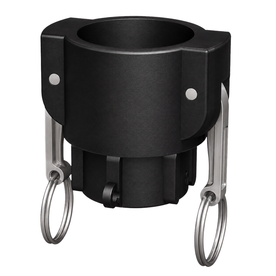 1½″ Female Camlock × 1¼″ NPT Female (Type D) in black glass-filled polypropylene