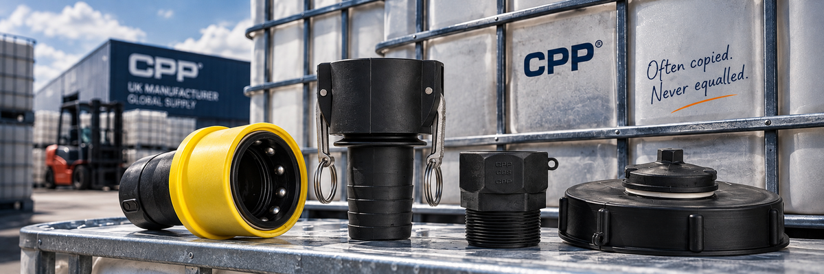 CPP polymer fluid transfer fittings displayed in an industrial IBC setting