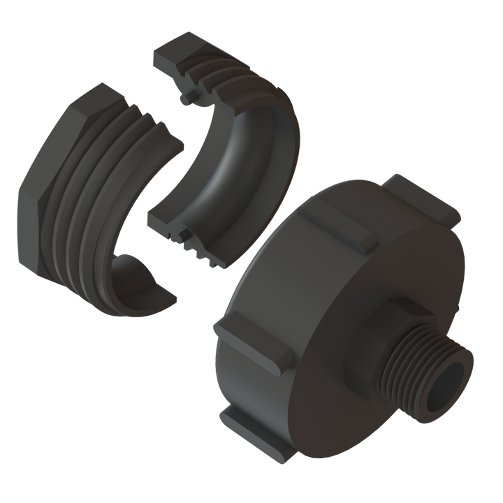 CPP Camlock converter showing two clamp shells and a ¾″ BSPP male outlet adaptor