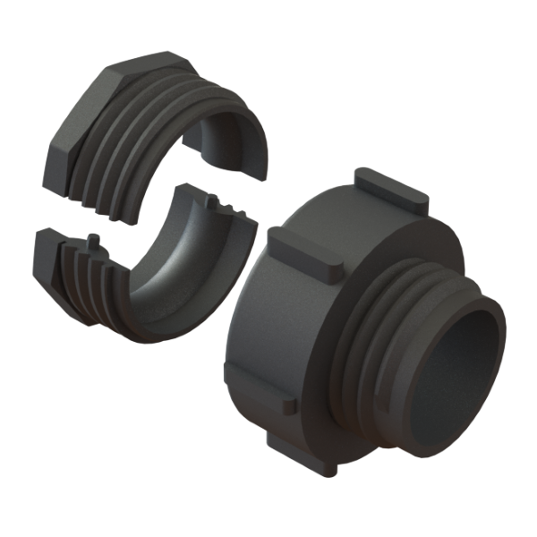 CPP Camlock converter showing the two clamp shells and S60X6 male outlet adaptor